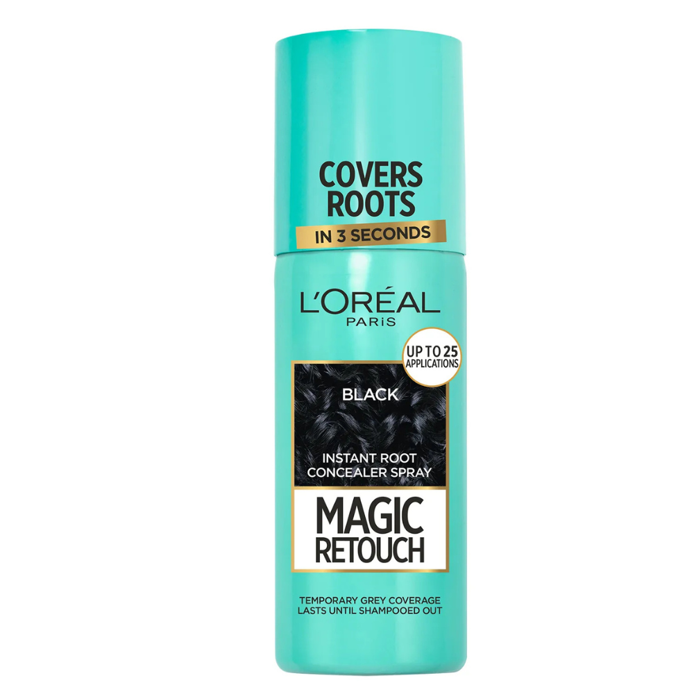 A bottle of L'Oreal Magic Retouch Instant Root Concealer Spray in black color, with a turquoise cap and label stating it covers roots in 3 seconds.